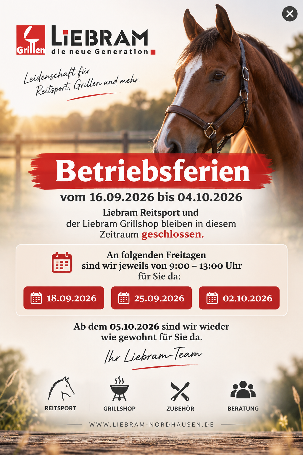 Betriebsferien bei LIEBRAM Nordhausen vom 16.09.2026 bis 04.10.2026